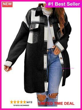 Fuzzy Fleece Shacket Jacket Oversized Plaid Knee Length Coat